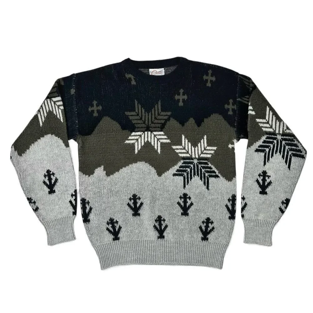 Vintage Circuit Grey Knit Sweater Fair Isle Snowflake Tree Men Sz M